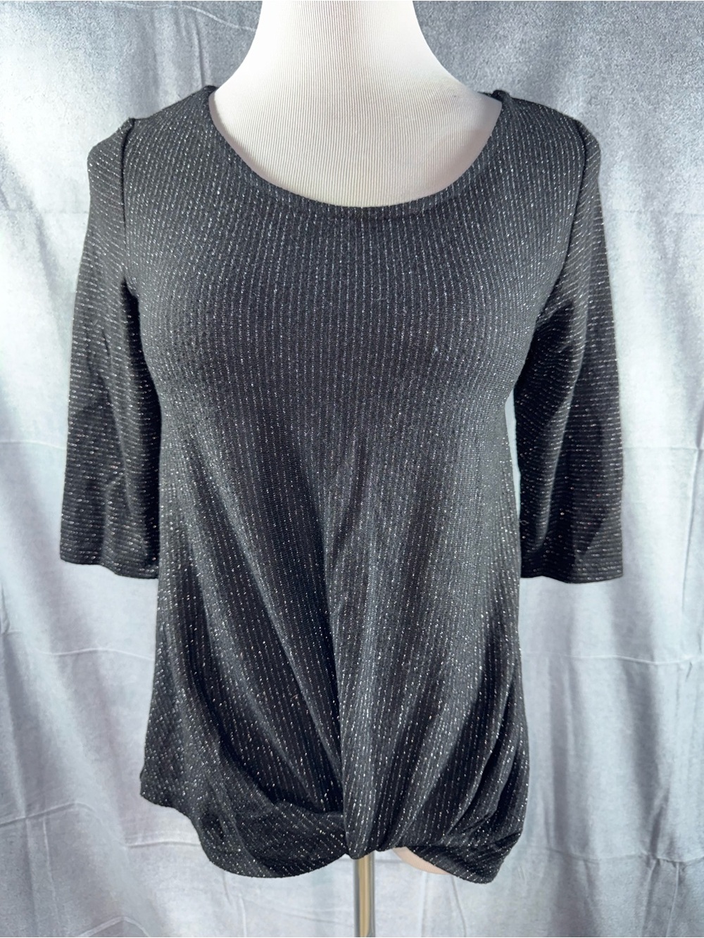 2577-W5 Black Shimmer Knit Knot-Hem Short Sleeve Top